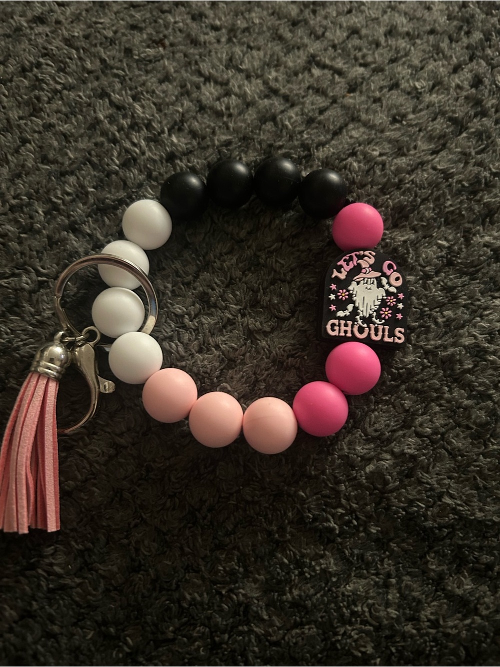 Pink & Black ghost Beaded Key and Card Holder Bracelet with Tassel